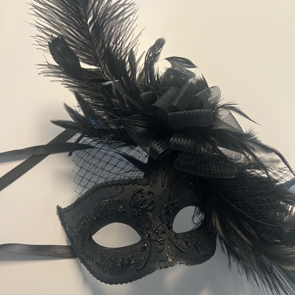 Elegant Black Feathered Masquerade Mask
